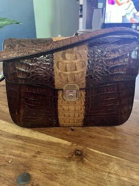 Vintage Brown and Tan Croc-Embossed Shoulder Bag